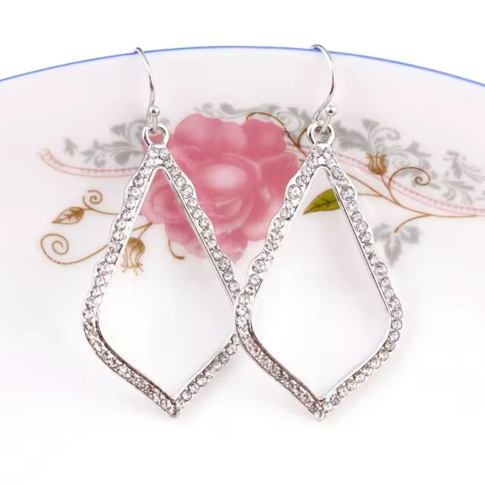 NEW Silver Diamond-Shaped Crystal Open Hoop Dangle Earrings